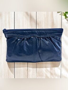 Vintage Antonia Designs Blue Leather Gathered Zipper Clutch Bag